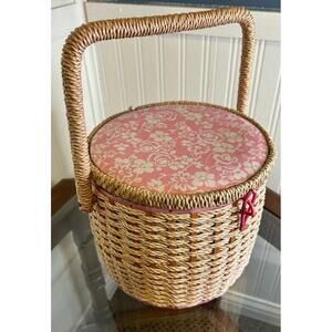 Vintage Sewing Basket Pink Floral Wicker Box Made in Japan